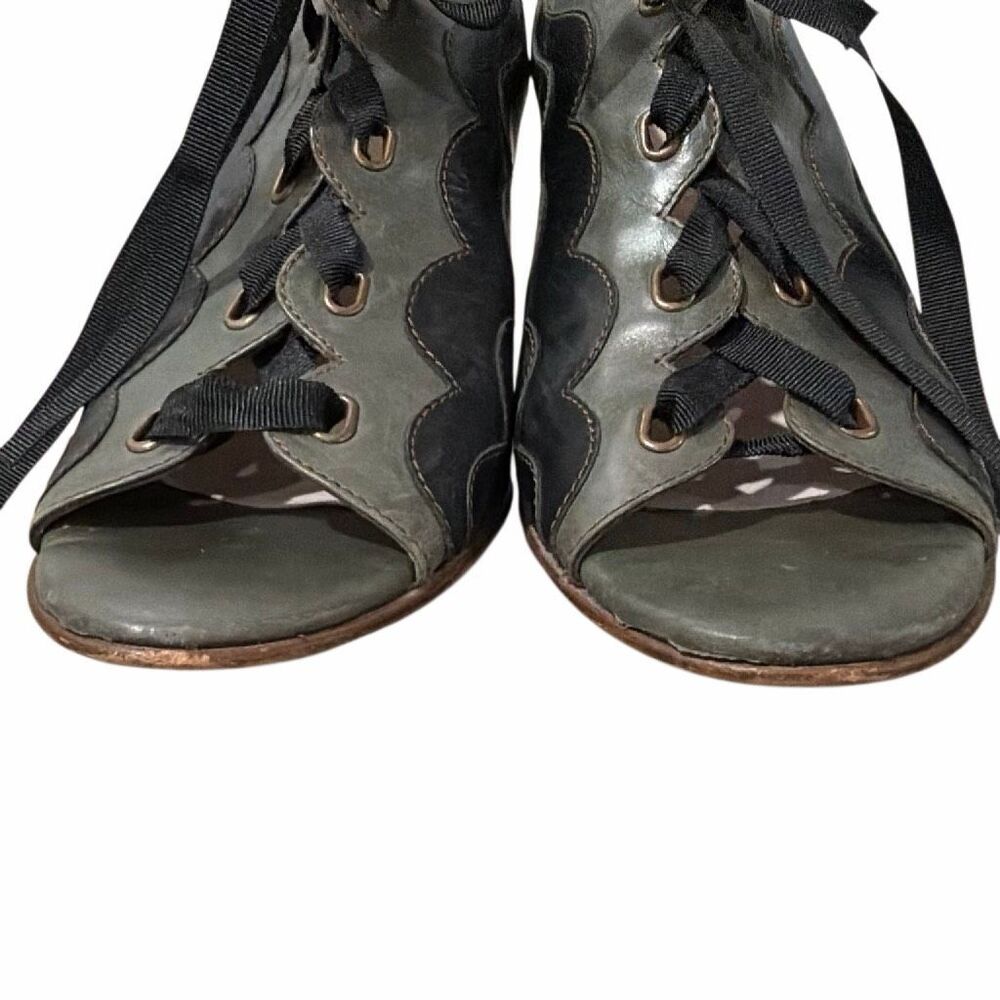 John Fluevog Teapot Yunnan Heels Black Olive Green Ribbon Lace Up Women’s 9.5 - Picture 9 of 16